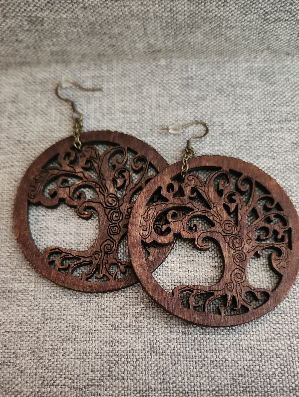 Wooden Carved Tree of Life Dangle Earrings - Brown